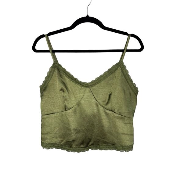 Willow & Root Women’s Medium Tank Top Green Satin Ruched Lace V-Neck - Picture 1 of 8